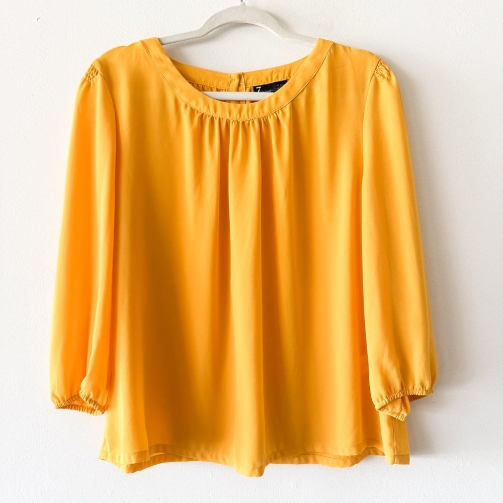 7th Avenue Design Studio Mustard Yellow 3/4 Sleeve Blouse Flowy Pleated Front XL